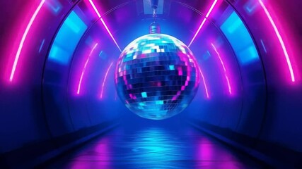 Abstract disco ball in neon tunnel. Bright pink and blue lights create futuristic space. Digital art with glowing balls, tunnel effect. Modern technology, party atmosphere. 4k video - Powered by Adobe