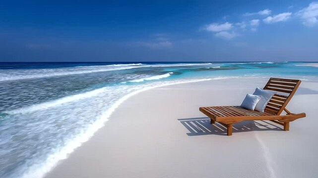 A single wooden sun lounger rests on white sandy beach, gentle turquoise waves lapping at its feet under a cloudless blue sky