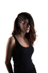 portrait of a brunette girl against white background