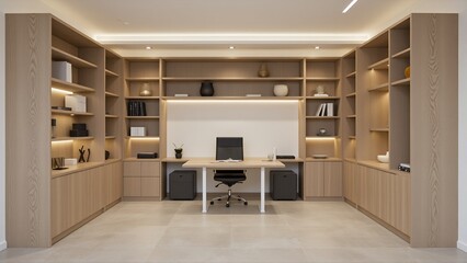 Modern office interior design with wooden shelves and desk  