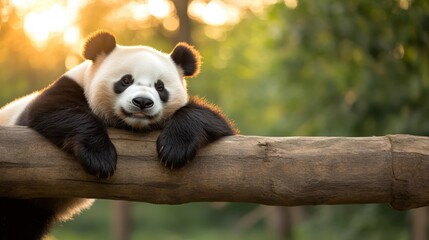 Obraz premium An adorable panda enjoys a moment of relaxation on a wooden log, showcasing its iconic black and white fur and playful demeanor surrounded by lush greenery.