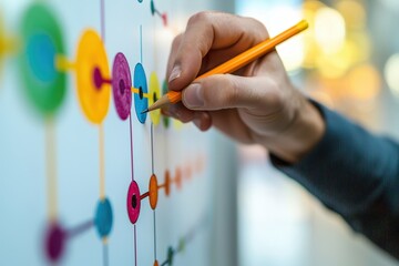 Hand interacting with colorful timeline diagram on a whiteboard for project planning