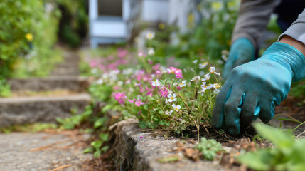 Naklejka premium A close-up captures gloved hands gently planting vibrant flowers, showcasing the peaceful dedication and natural beauty of gardening on a sunny day.