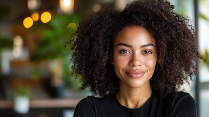 A young woman with stunning curly hair smiles warmly against a cozy café backdrop, embodying confidence, charm, and the joys of life in a vibrant social environment.