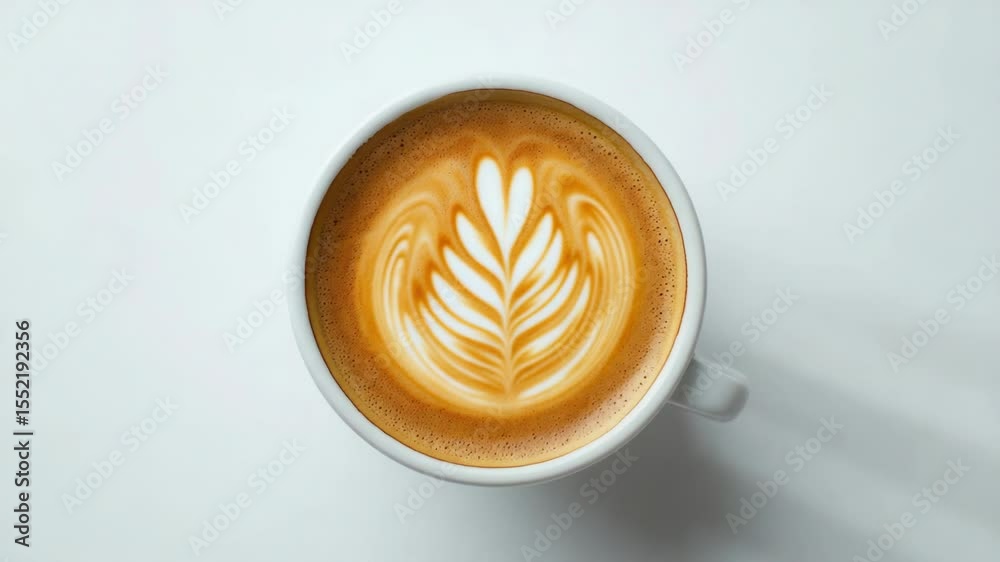 Poster a cup of coffee with a leaf pattern on the side
