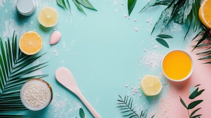 Colorful summer skincare ingredients arranged on a pastel background.
