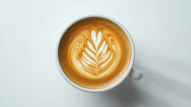 A cup of coffee with a leaf pattern on the side