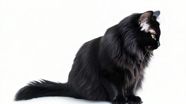 A black cat with bright green eyes sits calmly on a white surface, ready to pounce
