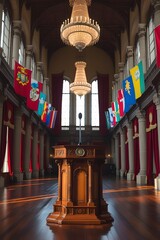 Ceremonial Speech Interior &ndash; Emblem Podium Against Grand Architectural Backdrop