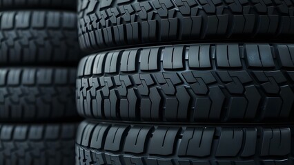 Fototapeta premium Close-up photo of stacked tires showcasing their intricate tread design and modern rubber texture.