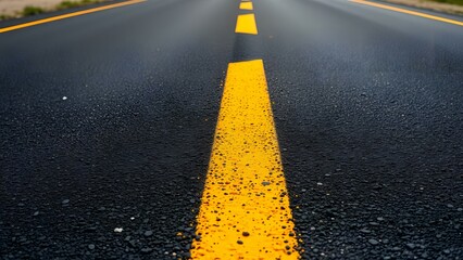 A close-up view of a freshly painted yellow line on an asphalt road under natural lighting conditions.