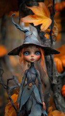Halloween witch doll holding pumpkin lanterns, wearing vintage dress and pointed hat, spooky fantasy style