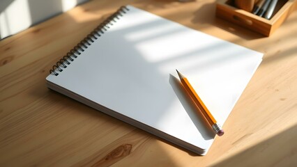 A blank sketchbook and a pencil on a wooden table, perfect for creative inspiration and artistic pursuits.