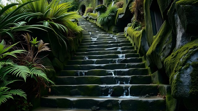 A tranquil stairway surrounded by lush greenery and flowing water invites exploration and relaxation in nature. - Powered by Adobe