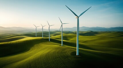 A panoramic view of wind turbines standing tall against a vivid green landscape, showcasing renewable energy's role in preserving the environment and sustainable living.