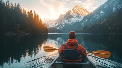 Person kayaking on a serene lake surrounded by mountains at sunrise.
