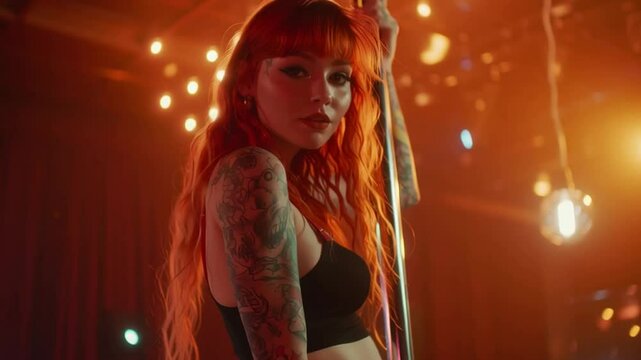  Tattooed Redhead Pole Dancer Performing in a Club