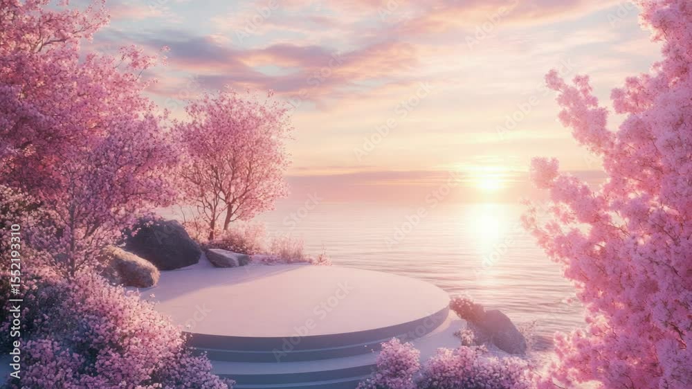 Poster a circular platform on the water surrounded by trees, perfect for a serene atmosphere