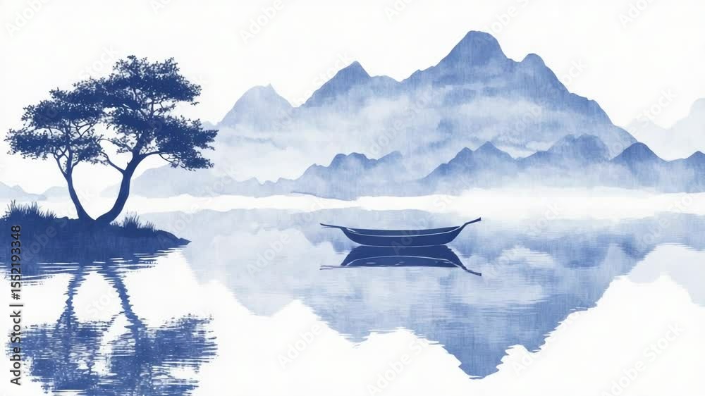 Poster a boat floats on the surface of a calm lake, accompanied by a towering tree