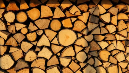 Fototapeten Wooden logs stacked in an artistic arrangement showcasing natural textures and warm tones. © Maks