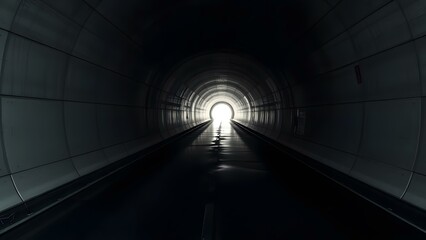 An illuminated tunnel merging light and darkness symbolizes a journey from the unknown to clarity.