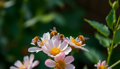 Bees pollinating beautiful white and pink flowers in a garden sunlight close up.