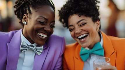 Two joyful friends wearing colorful outfits share a moment of laughter, capturing the essence of friendship and celebration against a festive, social backdrop.