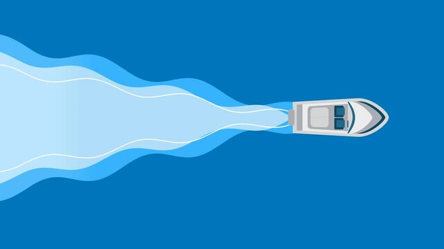 Animation Motion Graphic of  Cartoon Motorboat Sailing in Water with Waves. Viewed from Top.