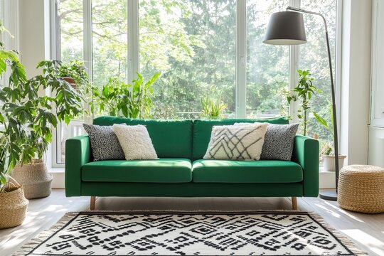 Minimalist open-plan living room featuring statement green sofa and modern accessories in light filled environment. Ideal for architecture portfolios and design magazines