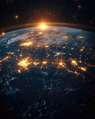 Illuminated Earth at Night with Futuristic Tech Overlay
