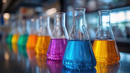Colorful beakers filled with various liquids in a laboratory setting.