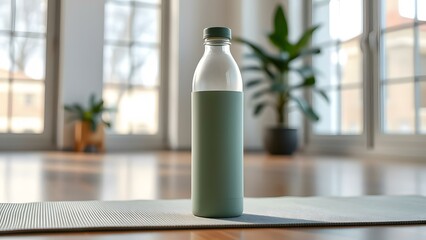 A stylish green bottle on a mat in a bright indoor setting, perfect for hydration and fitness lifestyle.