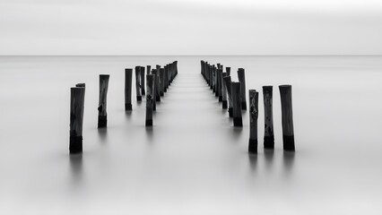 A serene black and white scene of a pier extending into calm waters, evoking tranquility and minimalism.