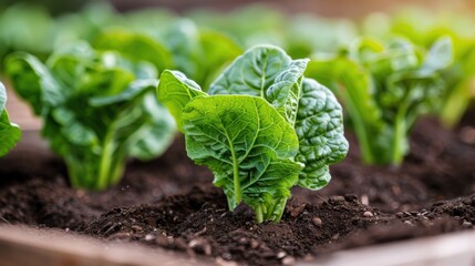 Obraz premium A close-up view of fresh spinach seedlings emerging from rich soil under soft sunlight, symbolizing growth, health, and the beauty of nature's cycle.