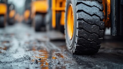 An industrial close-up of heavy-duty vehicle tires, showcasing the rugged texture and design necessary for handling tough construction conditions on site.