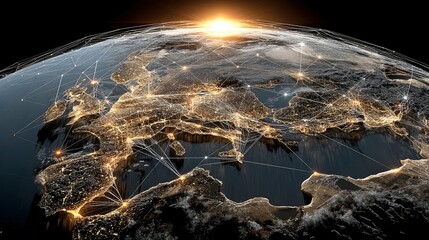 Illuminated Global Network at Sunrise: A Detailed 3D Visualization of Earth