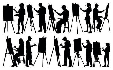 Diverse group of artists painting on easels in a studio silhouette