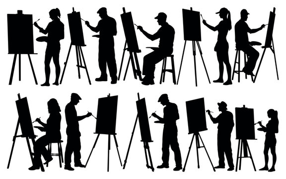 Diverse group of artists painting on easels in a studio silhouette