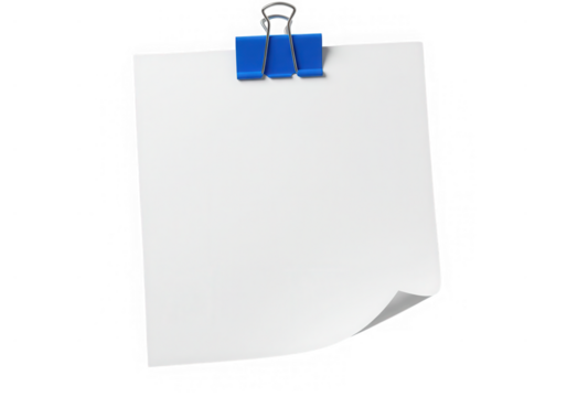 Blank white paper note with a blue binder clip, isolated on transparent background