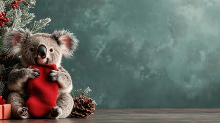 A cuddly koala sits beside a beautifully decorated Christmas tree, holding a festive red stocking, embodying the joy and warmth of the holiday season in a charming setting.