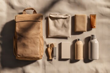 An organized flat lay featuring an array of eco-friendly and sustainable travel essentials.
