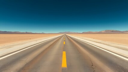 A long, empty highway stretches through a vast desert landscape under a clear blue sky, inviting adventure and explorati