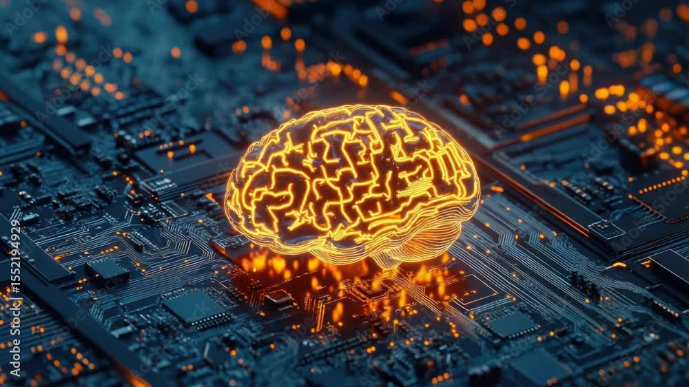 Leinwandbilder An image of a computer motherboard with a glowing brain component, suitable for use in illustrations about technology and innovation