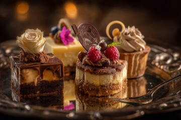 A delightful assortment of miniature desserts elegantly presented on a silver platter.