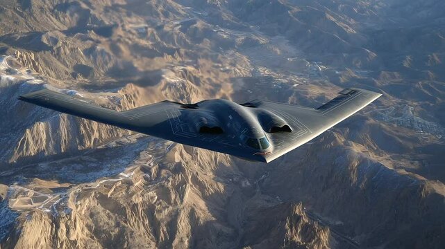B- bomber soars over a dusty valley concealing missile launchers, its shadow blending into the rocky backdrop as surveillance continues
