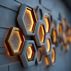 Illuminated Hexagonal Wall Pattern with Gold Accents