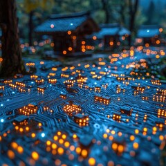 Illuminated Miniature Cityscape on Circuit Board