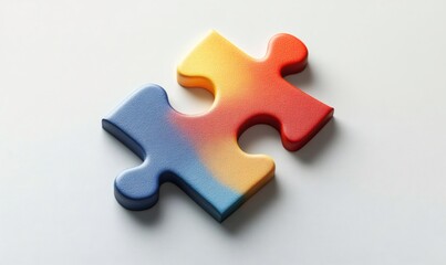 Obraz premium Two colorful interlocking jigsaw puzzle pieces joining together over a white background representing the concept of problem solving