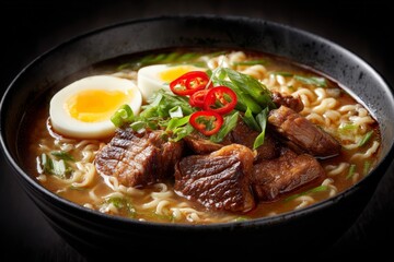 Close-up of a flavorful ramen bowl, filled with tender beef and fresh ingredients.