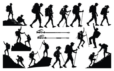 Diverse group of hikers and climbers in silhouette on white background